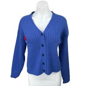 Cider Women's Blue Ribbed Knit Long Sleeve Button Down Cardigan Sweater Top Sz L
